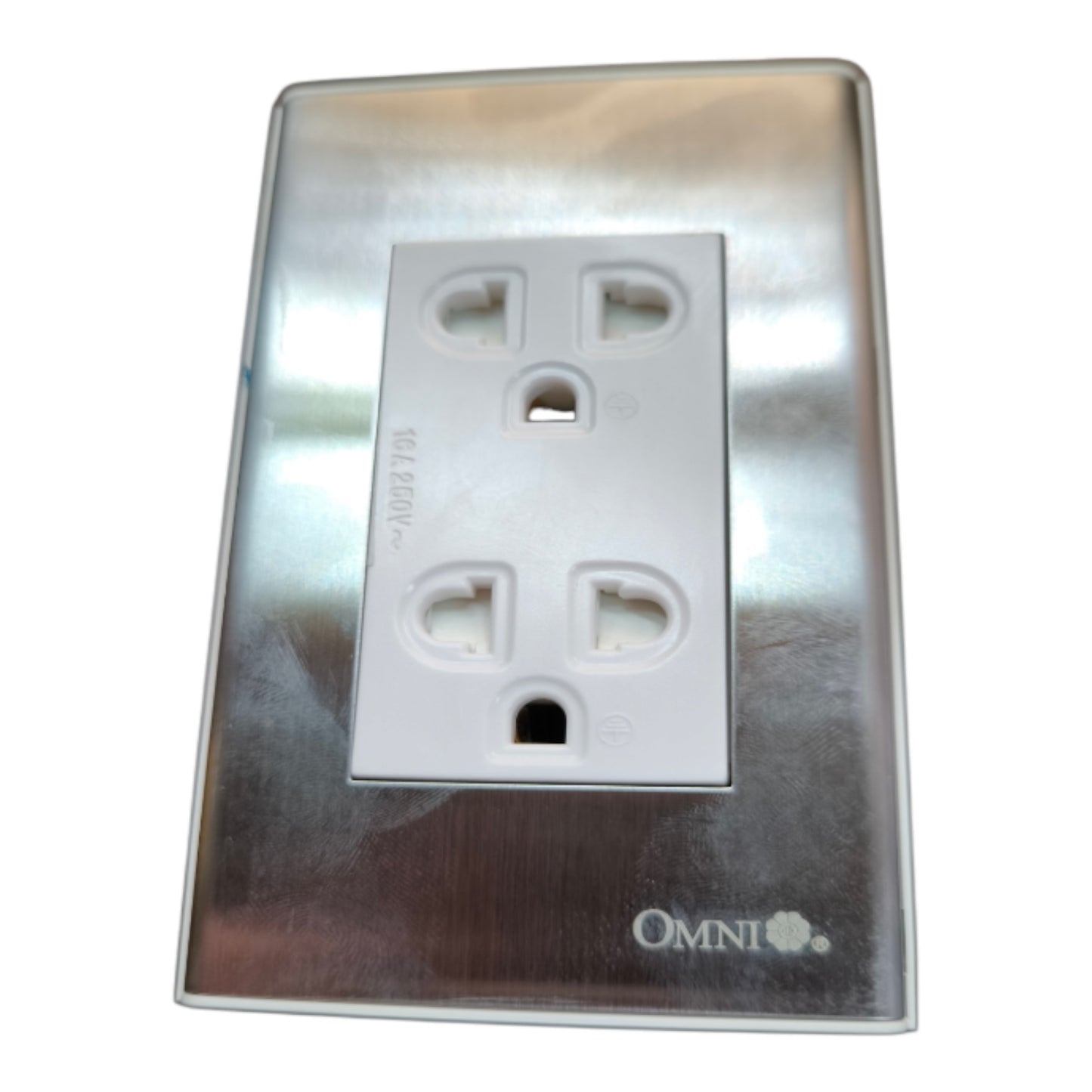A brushed stainless steel electrical outlet cover plate with a white double outlet centered on it, shown against a plain white background. The brand name 'OMNI' is visible in the bottom right corner of the plate.