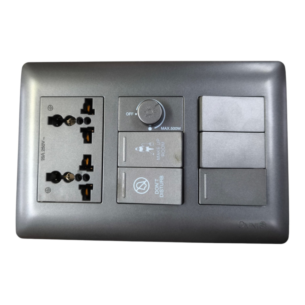 A dark gray dual socket power strip with a central rotary switch and two toggle switches on the right, set against a plain white background.