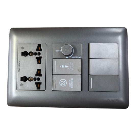A dark gray dual socket power strip with a central rotary switch and two toggle switches on the right, set against a plain white background.