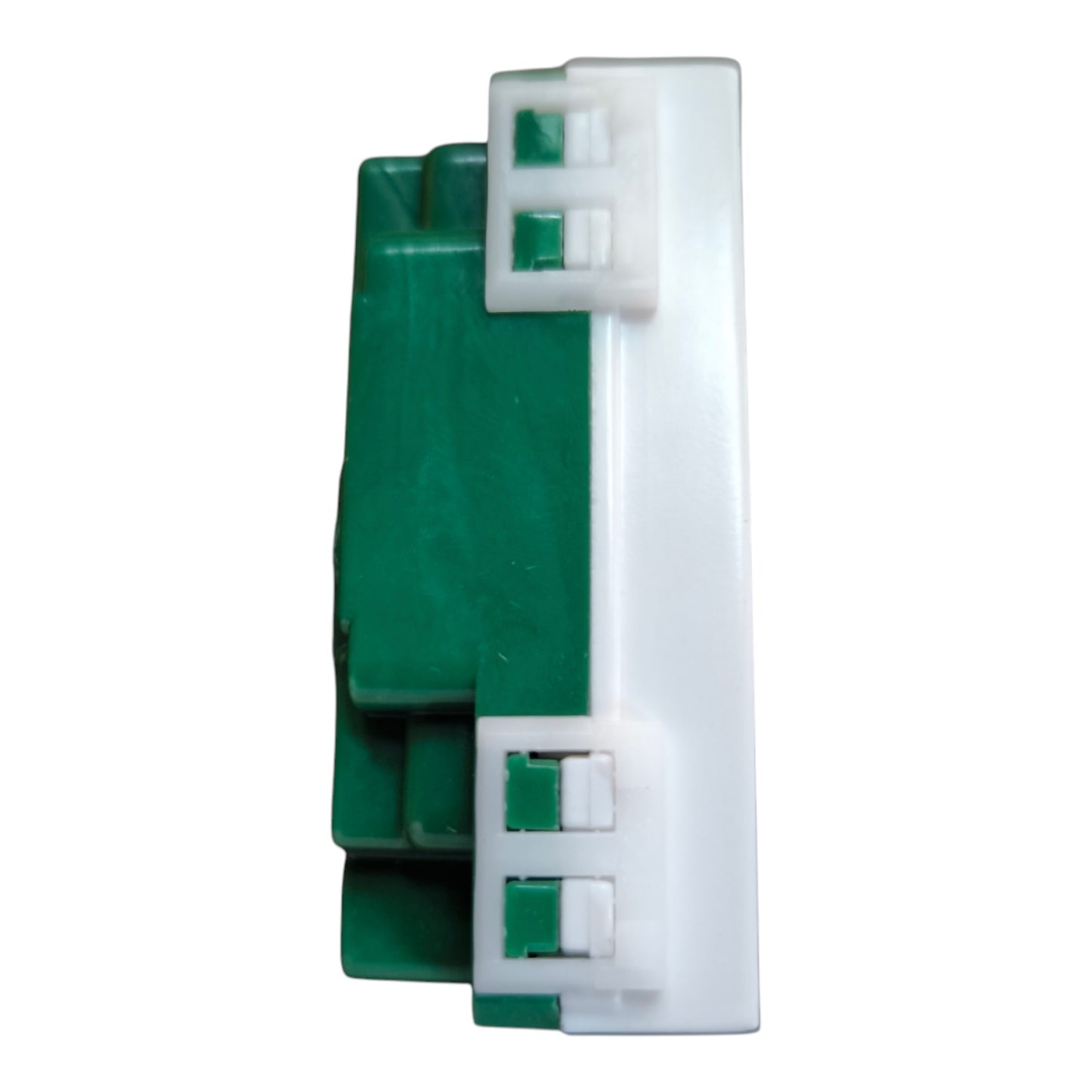 A close-up of a plastic electrical component or connector with a white outer housing and a green inner section, shown against a plain white background.