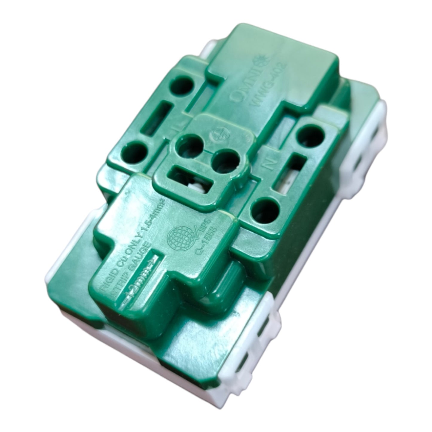 A green plastic automotive relay module with white plastic side terminals, shown on a plain white background.