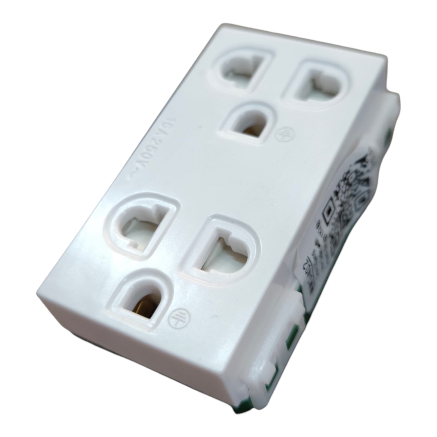 A white plastic 4-outlet double outlet extension plug socket adapter, photographed at an angle on a plain white background.