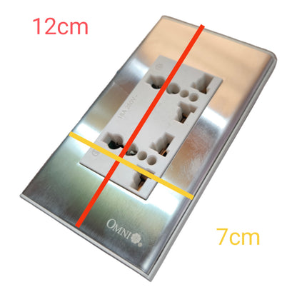 A stainless steel wall outlet plate with a white modular socket insert, shown on a white background with red and yellow dimension lines and text indicating 12cm and 7cm measurements.