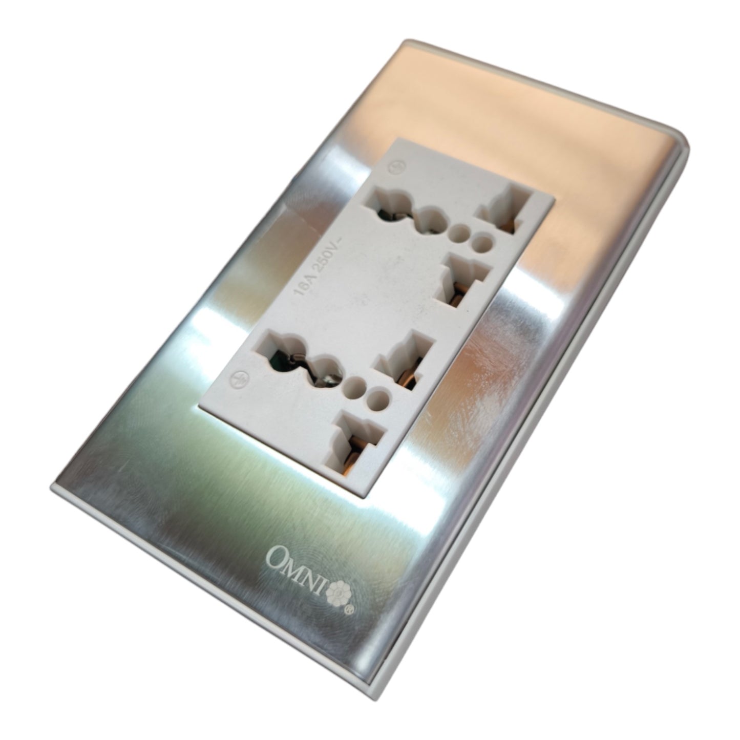 An Omni brand stainless steel electrical outlet cover plate with a white 3-pin socket insert, shown on a plain white background.