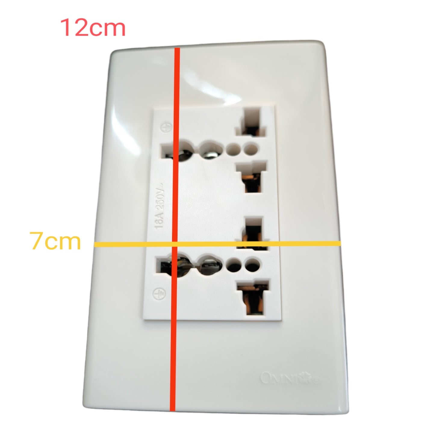 White double electrical outlet wall plate shown on a light gray background with red and yellow measurement overlays indicating 12cm height and 7cm width.