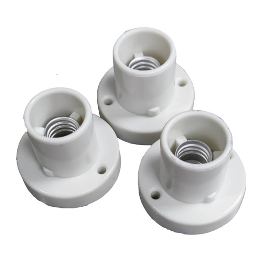 Three white lamp socket bases on a white background Omni E-14 Lamp Socket 10A 220V PVC Type Surface Mounted (3PCS) E14-015 Electx Electrical Supply