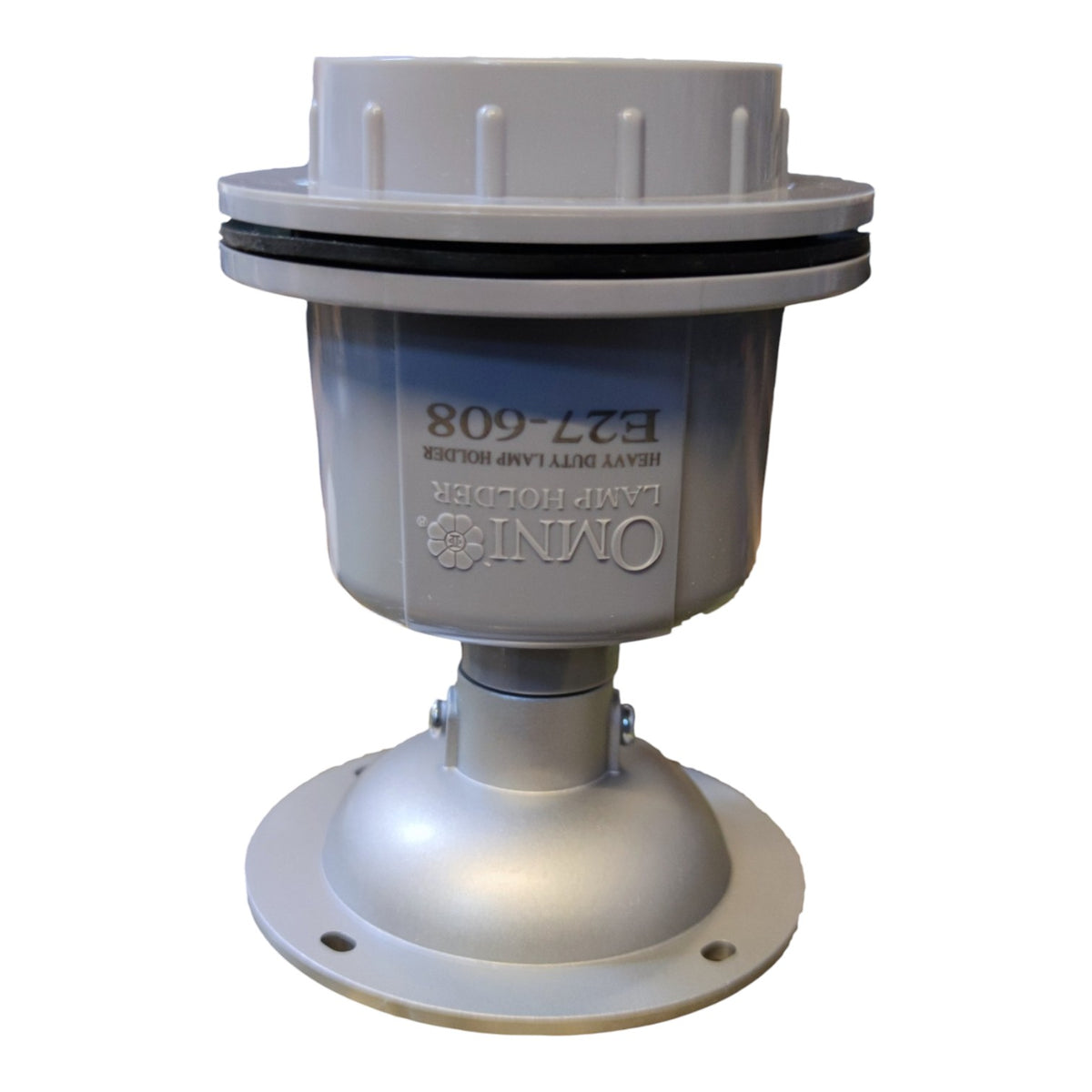 An Omni B27-608 heavy duty lamp holder with a gray plastic body, silver metal flange base, and black rubber O-ring, shown on a white background.