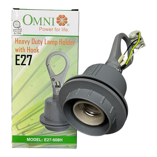 A heavy-duty E27 lamp holder with hook shown next to its retail packaging box. The lamp holder is dark gray with a threaded socket and visible internal wiring.