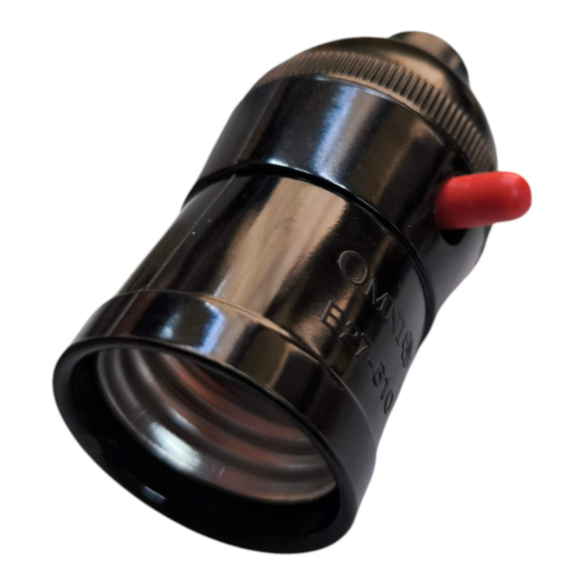 A close-up of a black metal cylindrical component, likely a camera lens filter or adapter, featuring a small red plastic switch and engraved markings, shown on a plain white background.