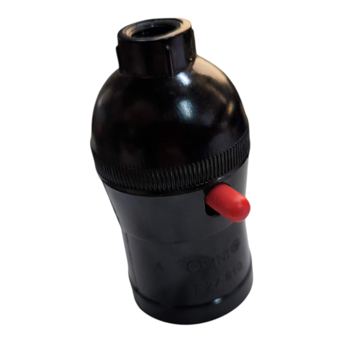 A black plastic nozzle assembly with a small red lever or valve on the side, photographed on a plain white background.