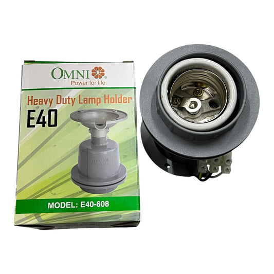An Omni Heavy Duty Lamp Holder E40 shown next to its retail packaging box on a plain white background.