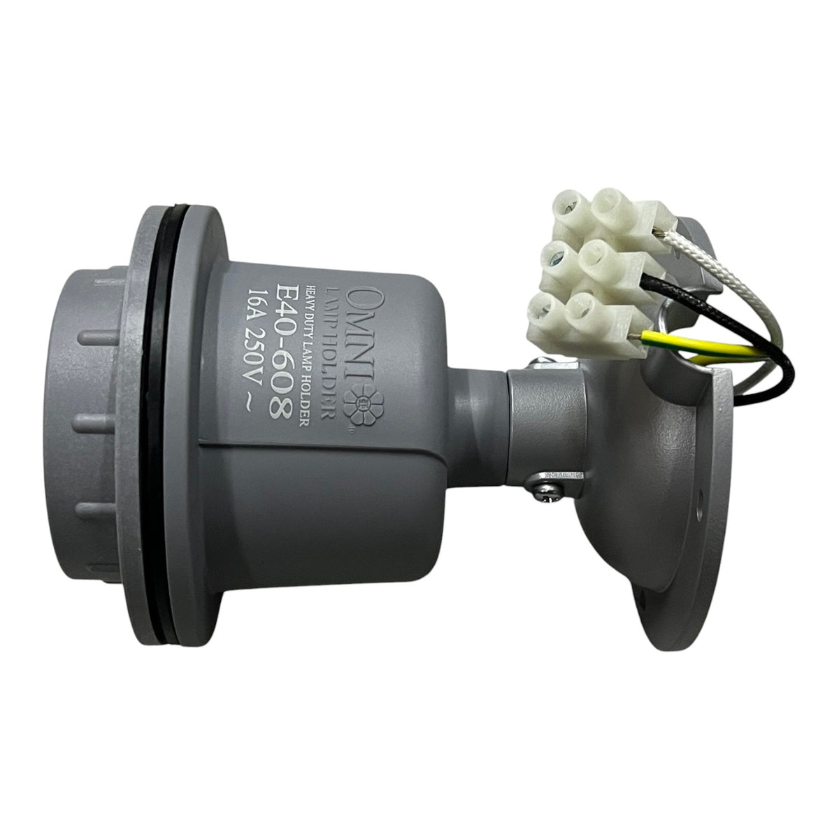 A gray Omnilife marine controller valve assembly with white plastic connector housing and attached black, yellow, and silver wires, shown on a plain white background.