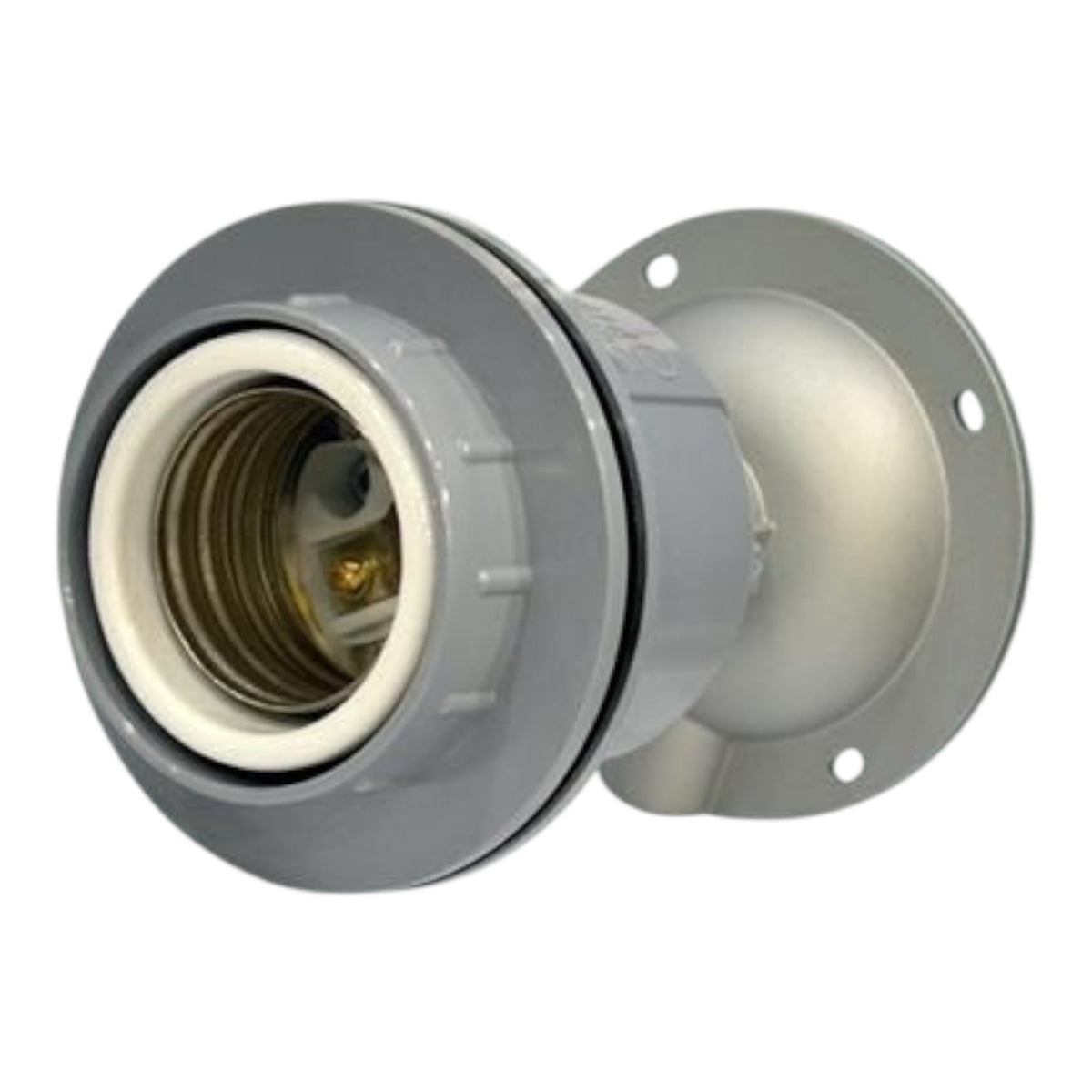 A gray plastic socket adapter with a threaded male connection on one side and a circular mounting flange with screw holes on the other, shown against a plain white background.