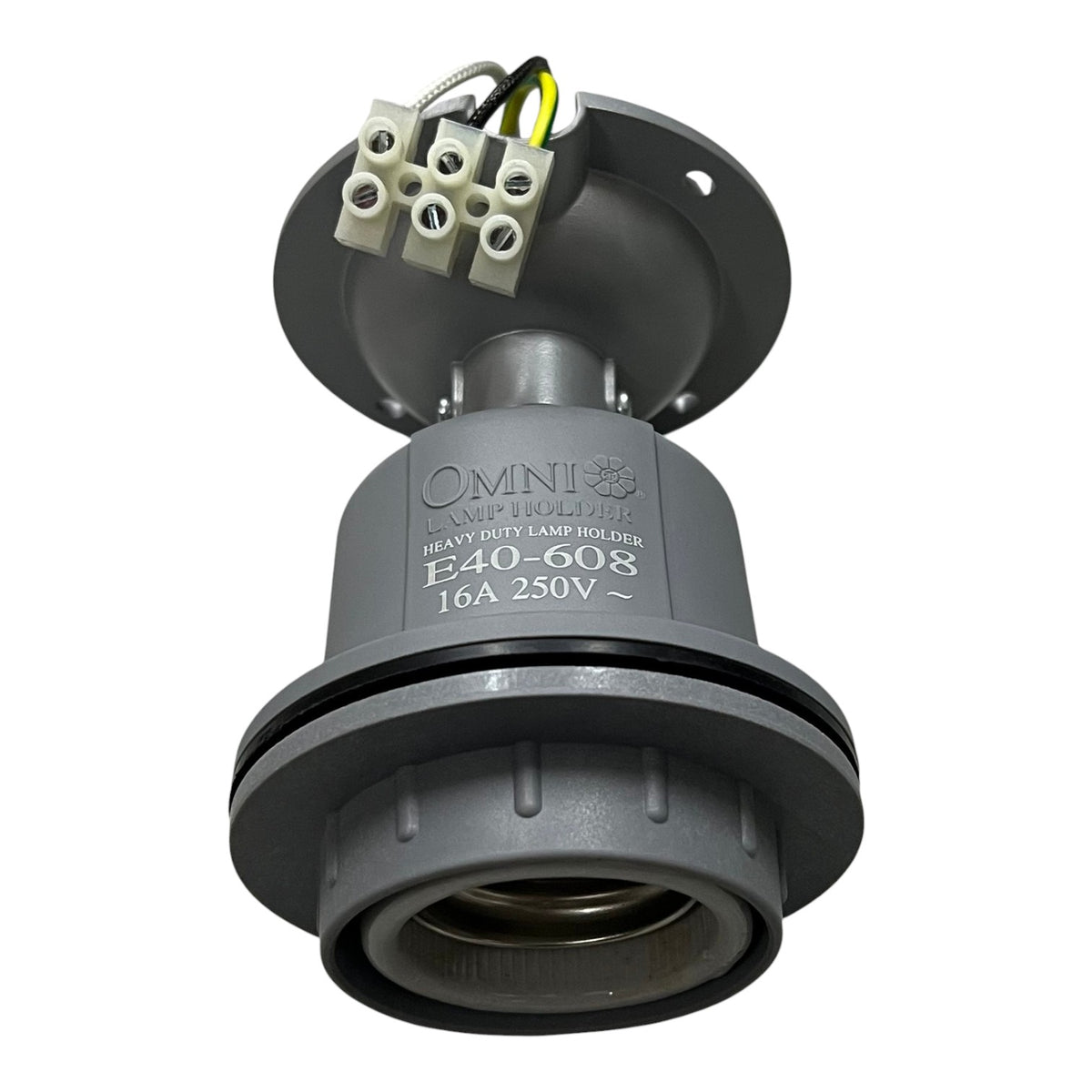 A heavy-duty electrical lamp holder by Omni Lighting, featuring a dark gray metal body with a terminal connector at the top, shown on a plain white background.