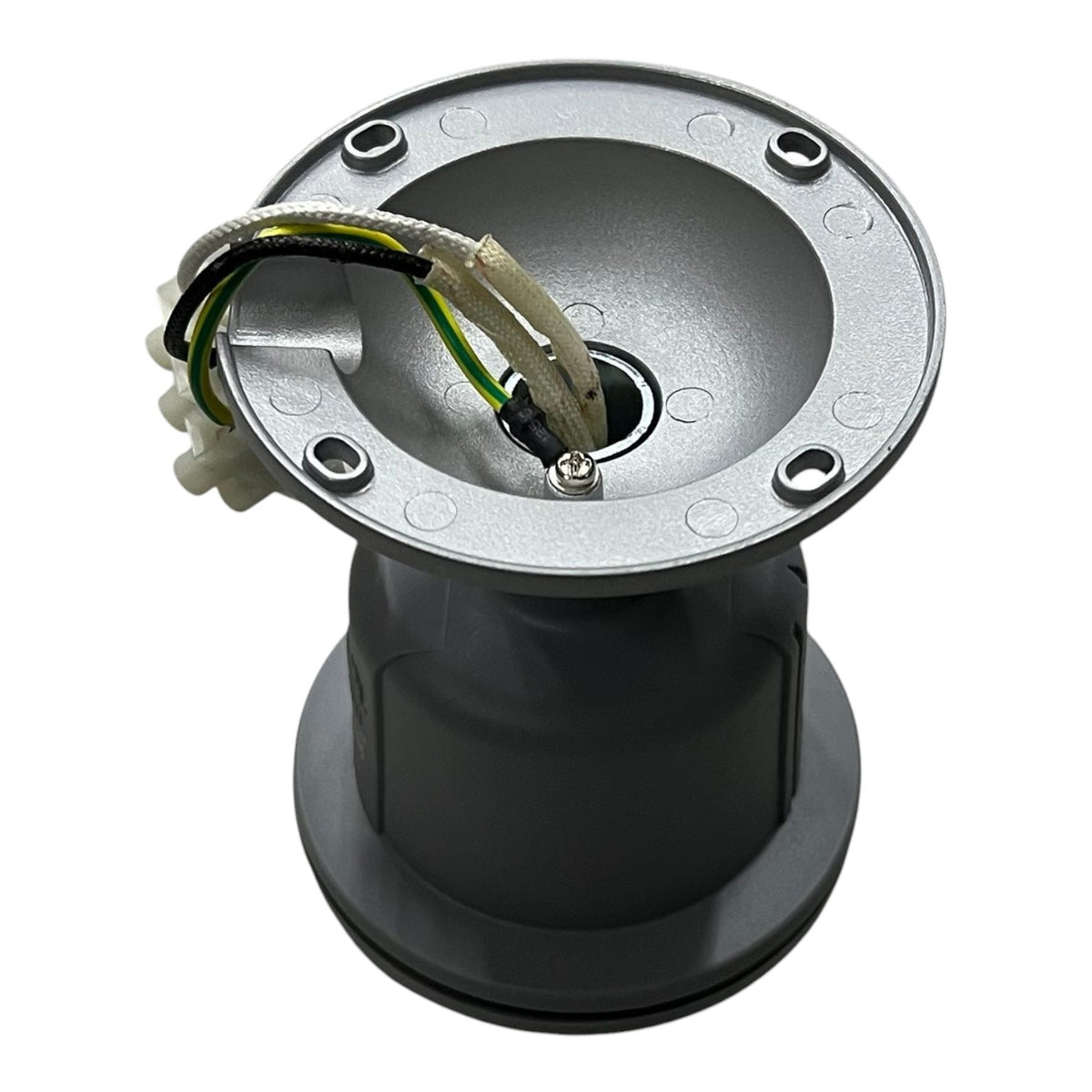 A replacement motor assembly for a golf cart, featuring a black plastic cylindrical body, a silver metal mounting flange with four screw holes, and a multi-colored wire connector.