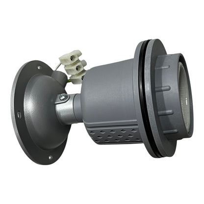 A gray plastic and metal plumbing fixture component, likely a shower drain or vent assembly, featuring a circular flange, cylindrical body, and white wire connector, shown on a plain white background.