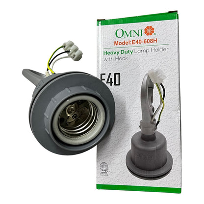 An Omni E40 Heavy Duty Lamp Holder with Hook, shown alongside its product packaging box. The lamp holder is dark gray with a visible internal spring contact and wire connectors.