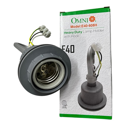 An Omni E40 Heavy Duty Lamp Holder with Hook, shown alongside its product packaging box. The lamp holder is dark gray with a visible internal spring contact and wire connectors.