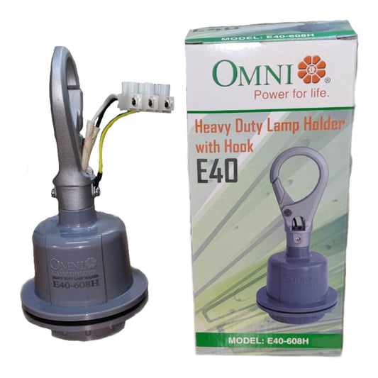 A gray heavy-duty lamp holder with a hook and attached wire connector shown next to its white and green Omni brand retail box on a plain white background.
