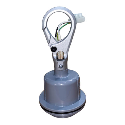 A marine electronic device, likely a radar antenna or GPS receiver, featuring a silver metal mounting bracket with attached wires and a gray plastic base on a white background.
