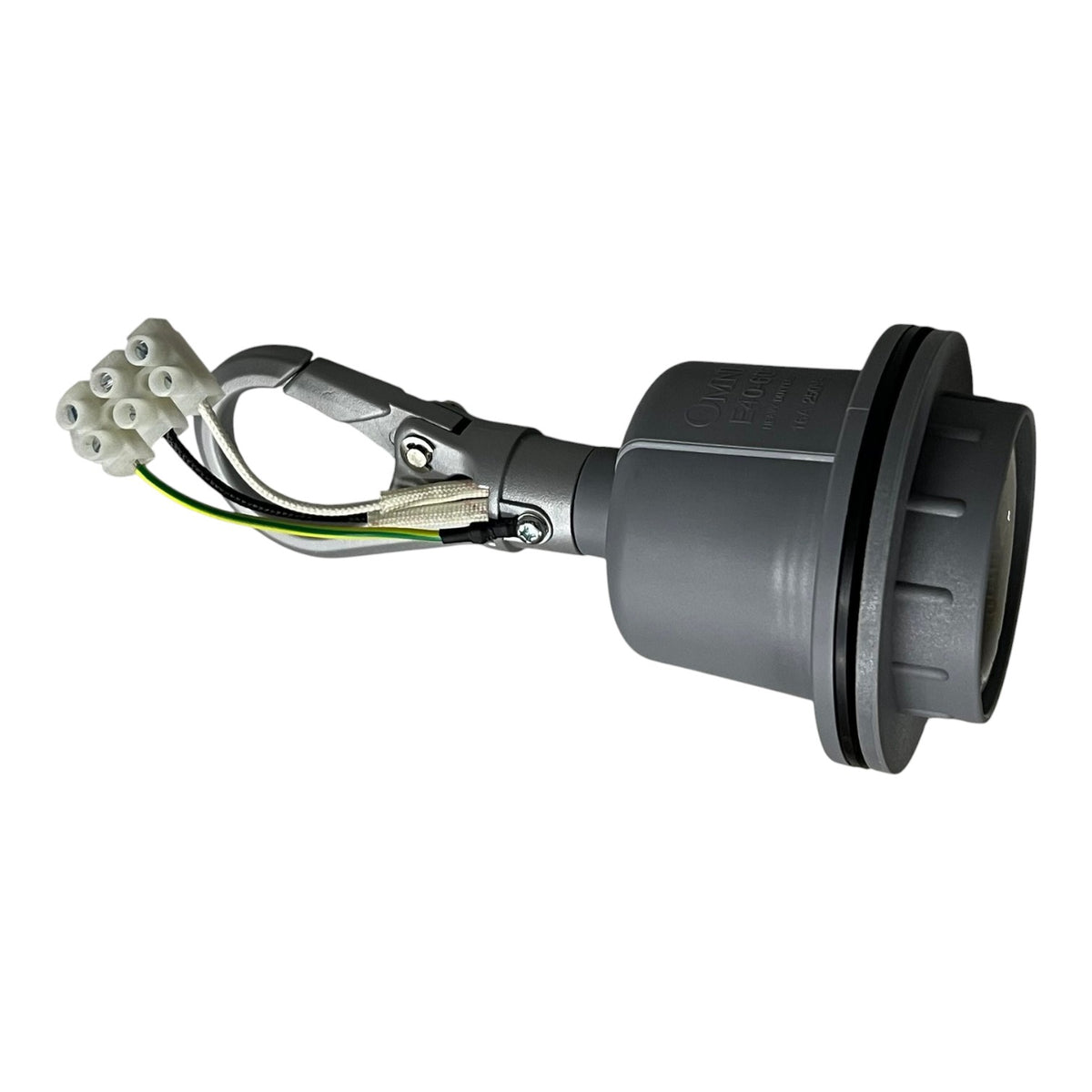 A gray industrial electrical connector with a multi-pin white plug, metal clip, and green and black wires, shown on a plain white background.