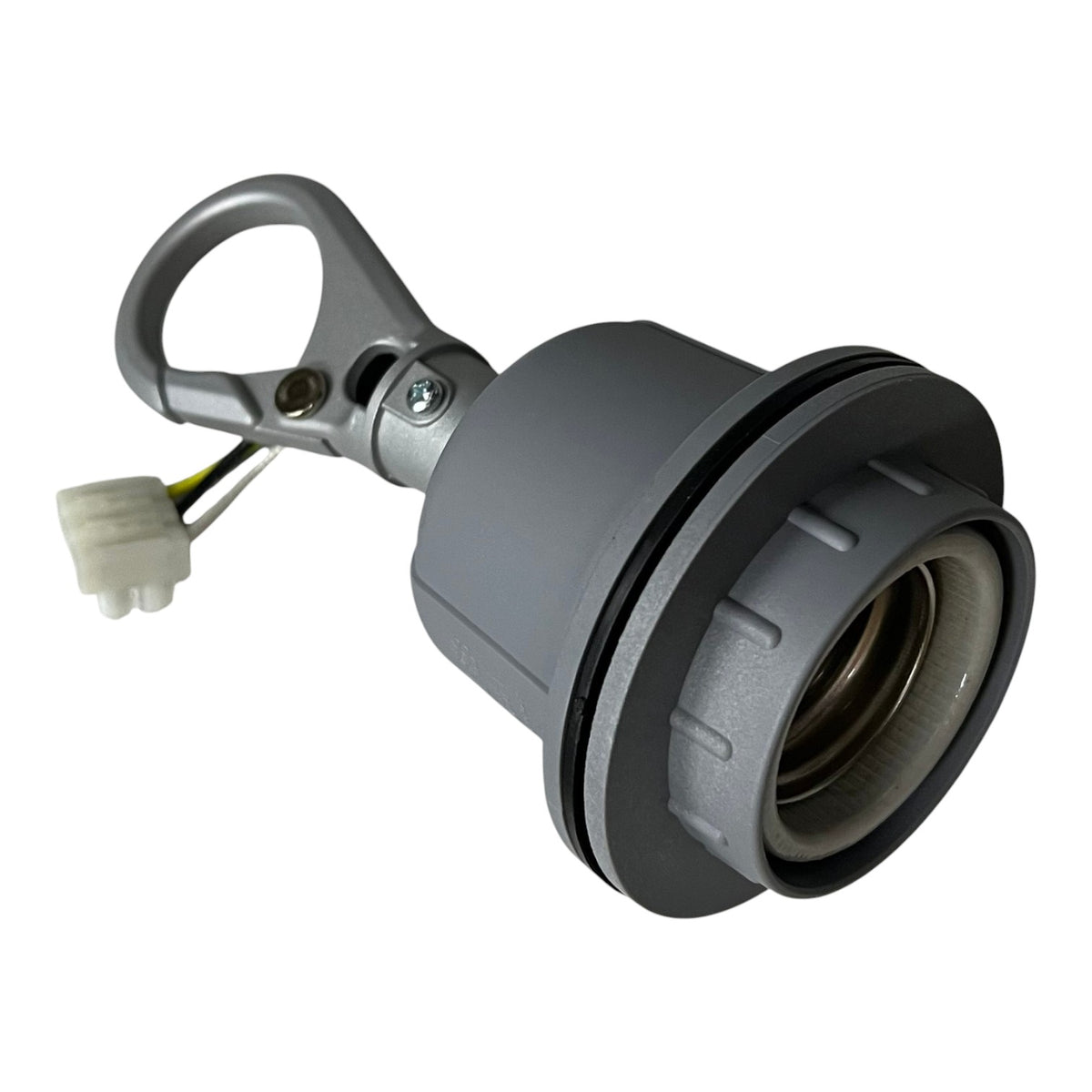 A gray marine electronic component, likely a waterproof sensor or connector, featuring a heavy-duty metal mounting bracket with a white wire connector on a solid white background.