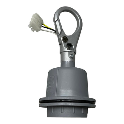 A gray plastic marine or industrial hook fitting with a metal clip, a white connector plug, and a small yellow wire, shown on a plain white background.