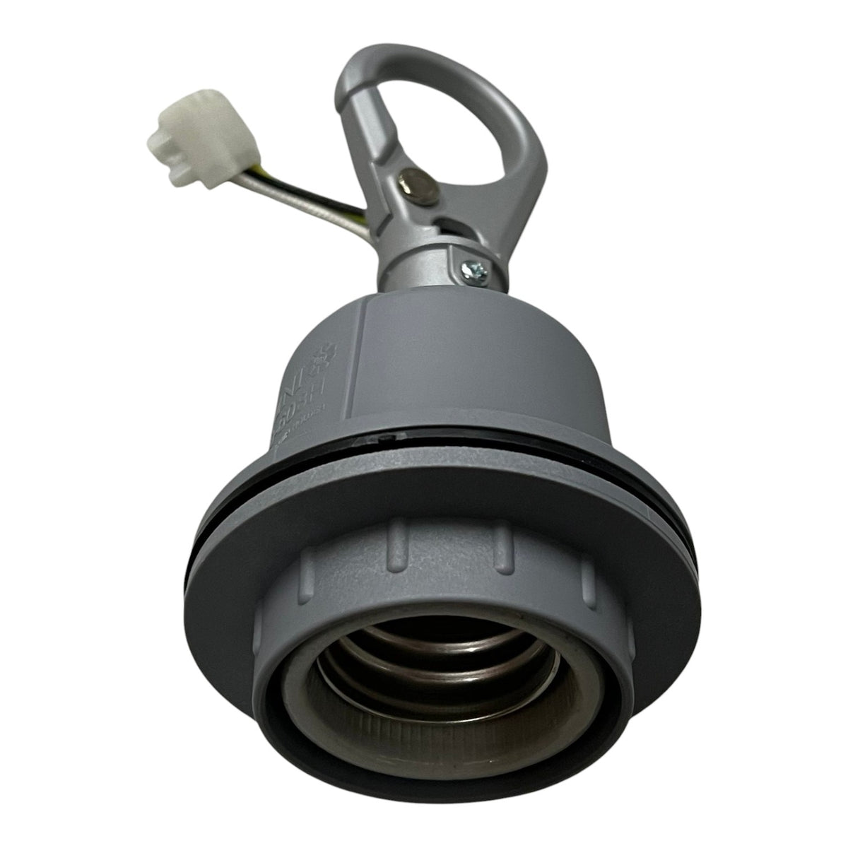 A gray plastic and metal outdoor faucet shower head adapter with a white plastic cap on the side, shown against a plain white background.