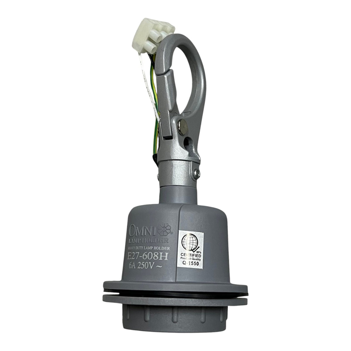 A gray Omnilight industrial spotlight with a hanging hook and wire connector, shown on a plain white background.