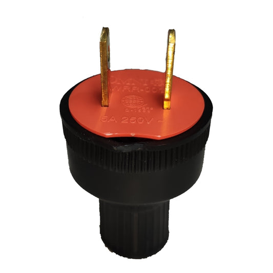 A black electrical outlet adapter plug with a red top cover and gold-colored metal prongs, shown on a plain white background.