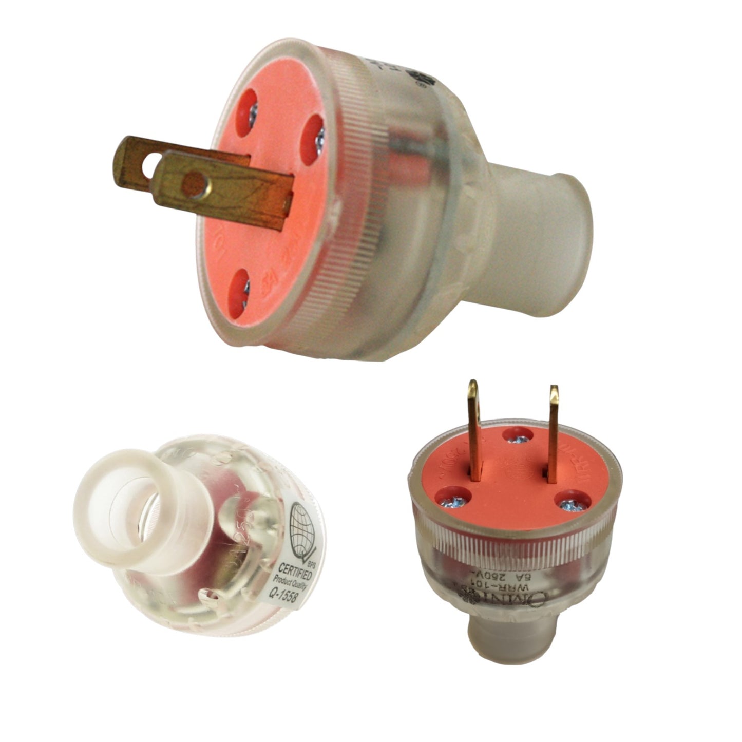 Three views of a translucent plastic electrical plug adapter with a bright orange-red internal faceplate and brass metal prongs, shown on a plain white background.