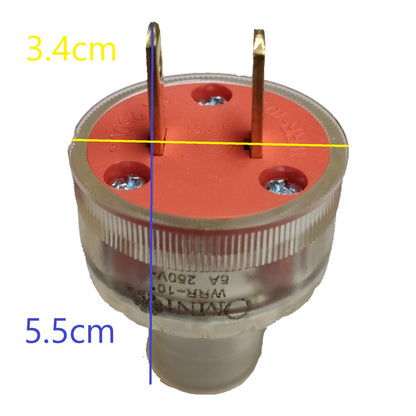 A two-pin electrical plug with a red top and clear plastic body, overlaid with yellow and blue dimension lines and text showing 3.4cm and 5.