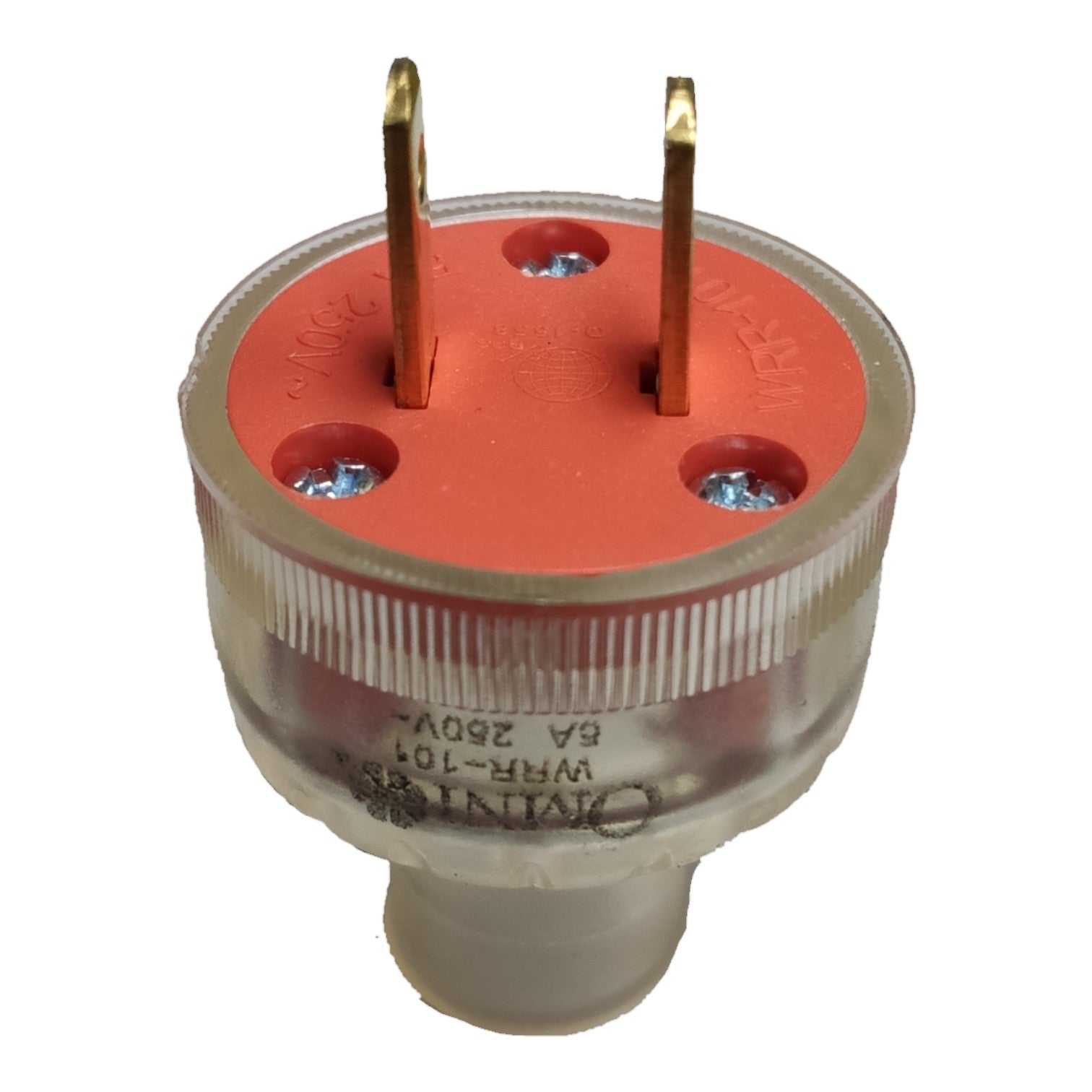 A clear plastic electrical plug adapter with a red top plate and two gold metal pins, shown on a white background.