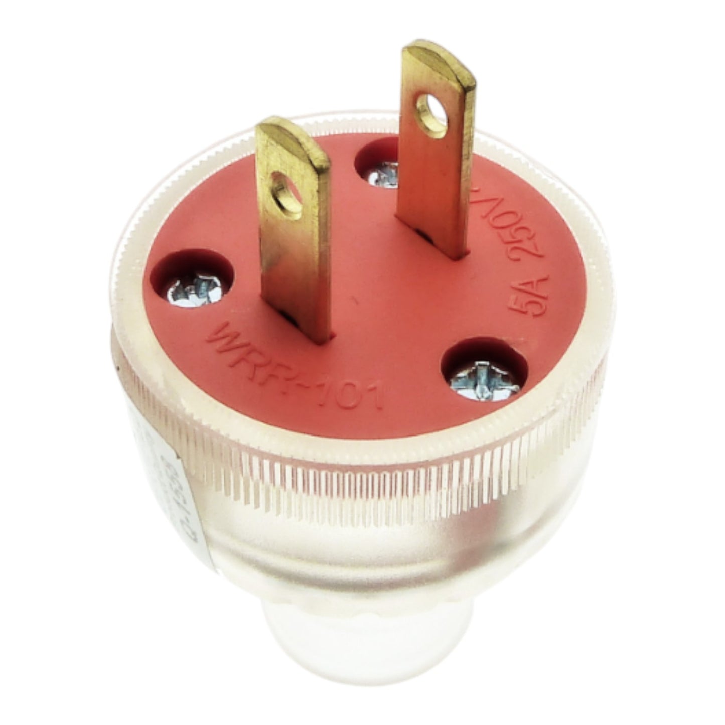 A 3-pin electrical plug adapter with a red top insulating plate, brass-colored metal pins, and a clear plastic outer shell, shown on a white background.