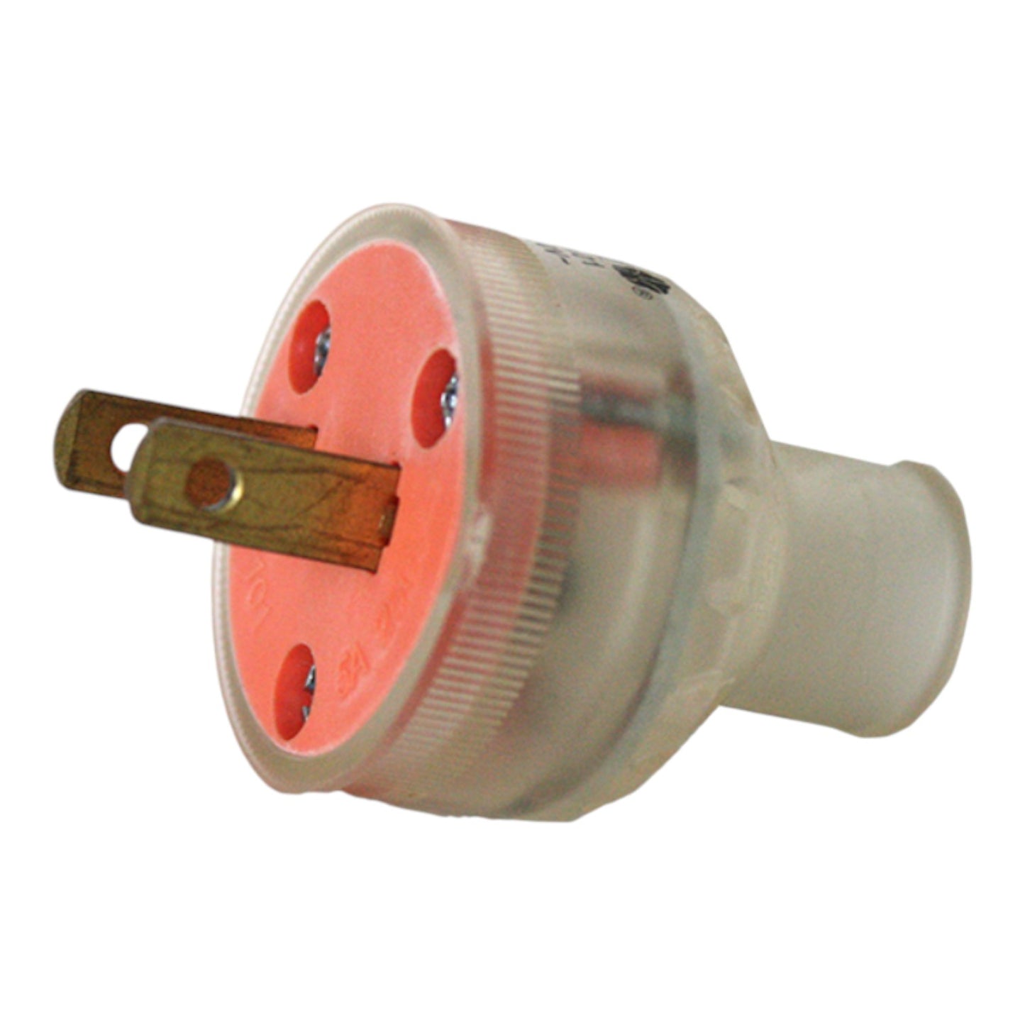 A US plug adapter with a translucent clear plastic body, a bright orange-red inner faceplate, and a gold-toned metal prong, shown on a plain white background.