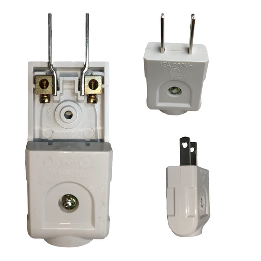 Three views of a white plastic US plug adapter with metal pins, showing the front, back, and side against a plain white background.