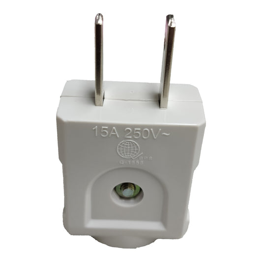 A white 15A 250V~ plug adapter with two metal pins and a small green circular detail on the front, shown against a plain white background.