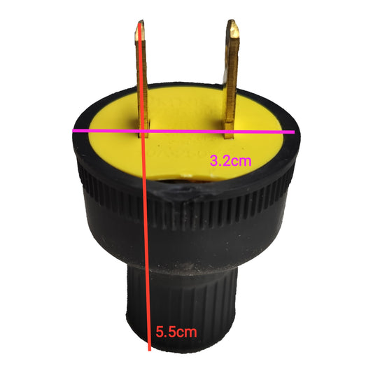 A black cylindrical plug adapter with two gold metal pins on a yellow top surface, shown on a white background with red and purple measurement lines and labels indicating 5.5cm height and 3.