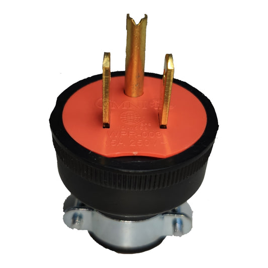 A 3-prong electrical outlet plug with a black ribbed housing, a bright orange top cover, and brass-colored metal prongs, shown on a plain white background.