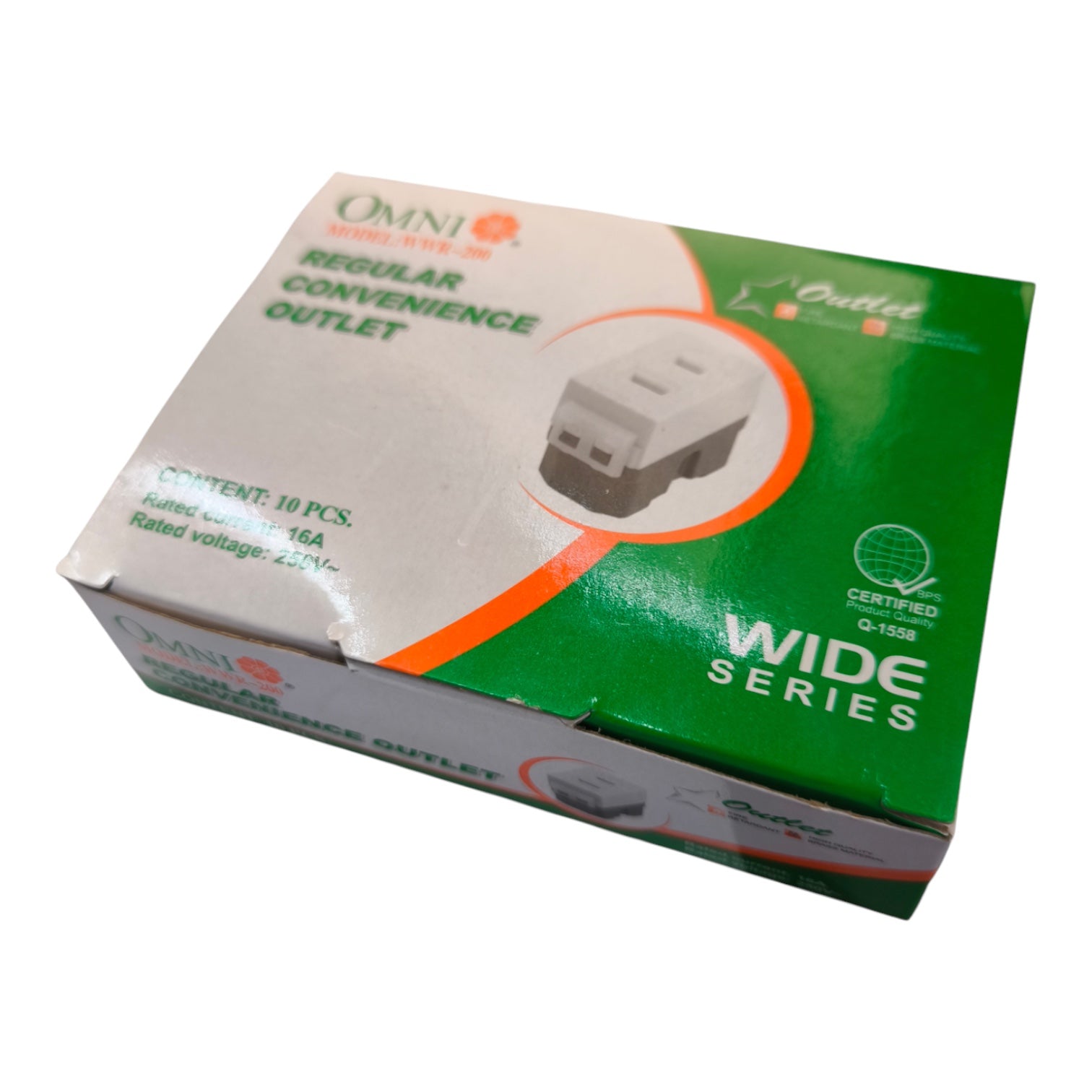 Omni Wiring World Wide Series Regular Convenience Outlet retail box, featuring a white and green design with an illustration of the grey plastic outlet.