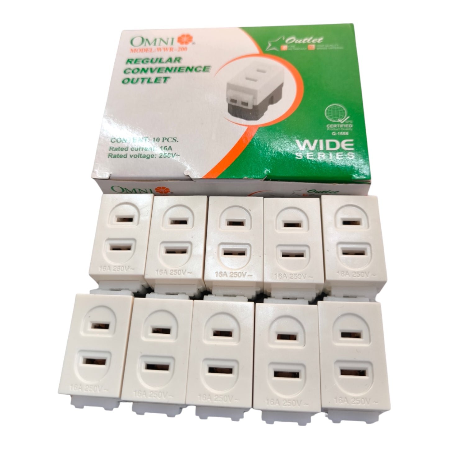 Ten white OMNI brand 16A 250V wide series regular convenience outlets arranged in two rows of five in front of their green and white retail packaging box.