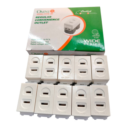 Ten white OMNI brand 16A 250V wide series regular convenience outlets arranged in two rows of five in front of their green and white retail packaging box.