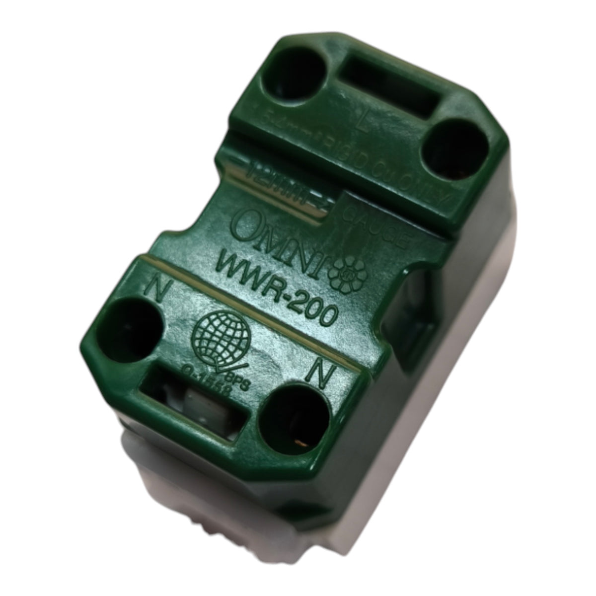 A green Omnilife WWR-200 marine electrical connector with molded terminal markings (N and +) and a molded Omnilife brand logo, shown on a white background.