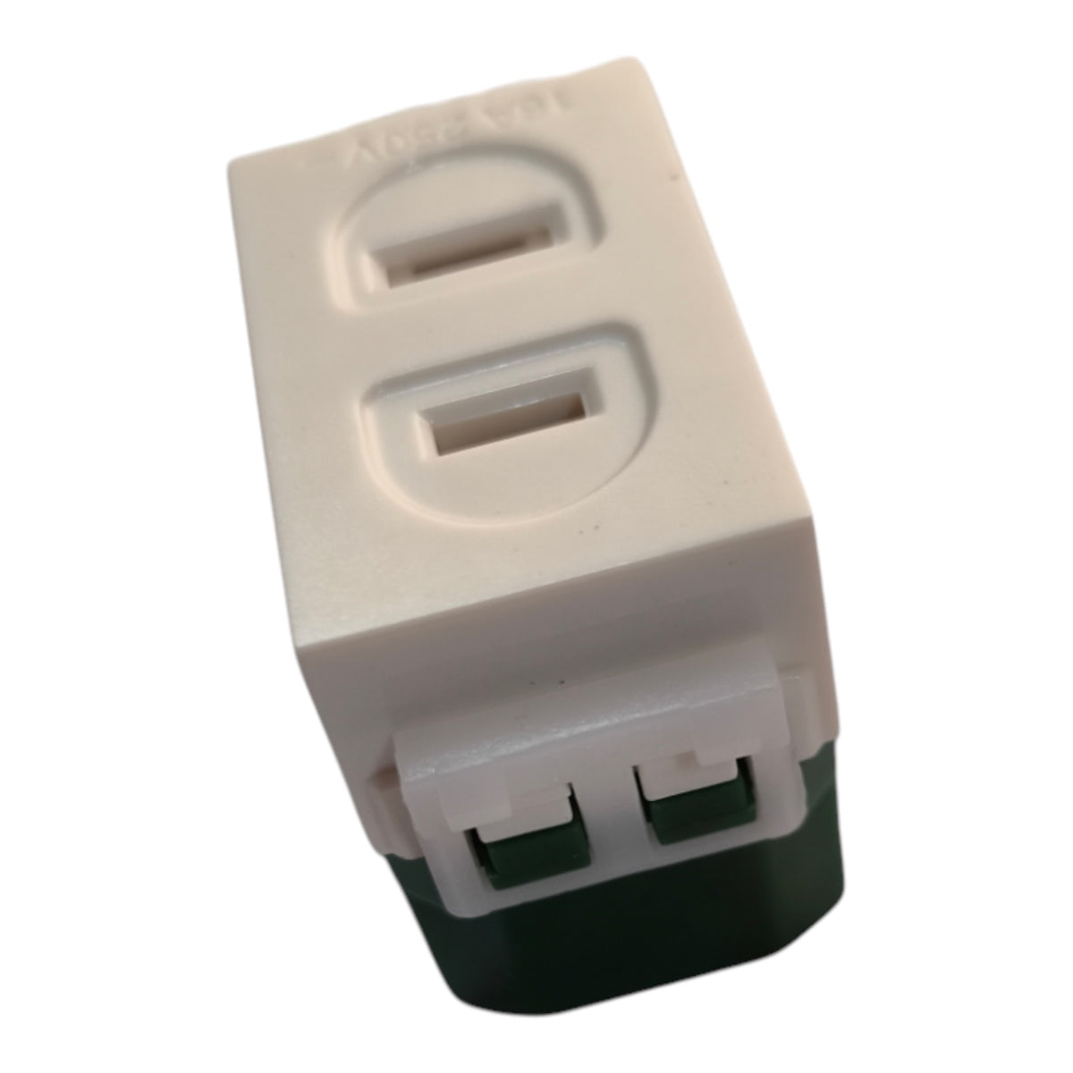 A two-way electrical outlet switch module with a white plastic faceplate and a dark green base, shown on a plain white background.