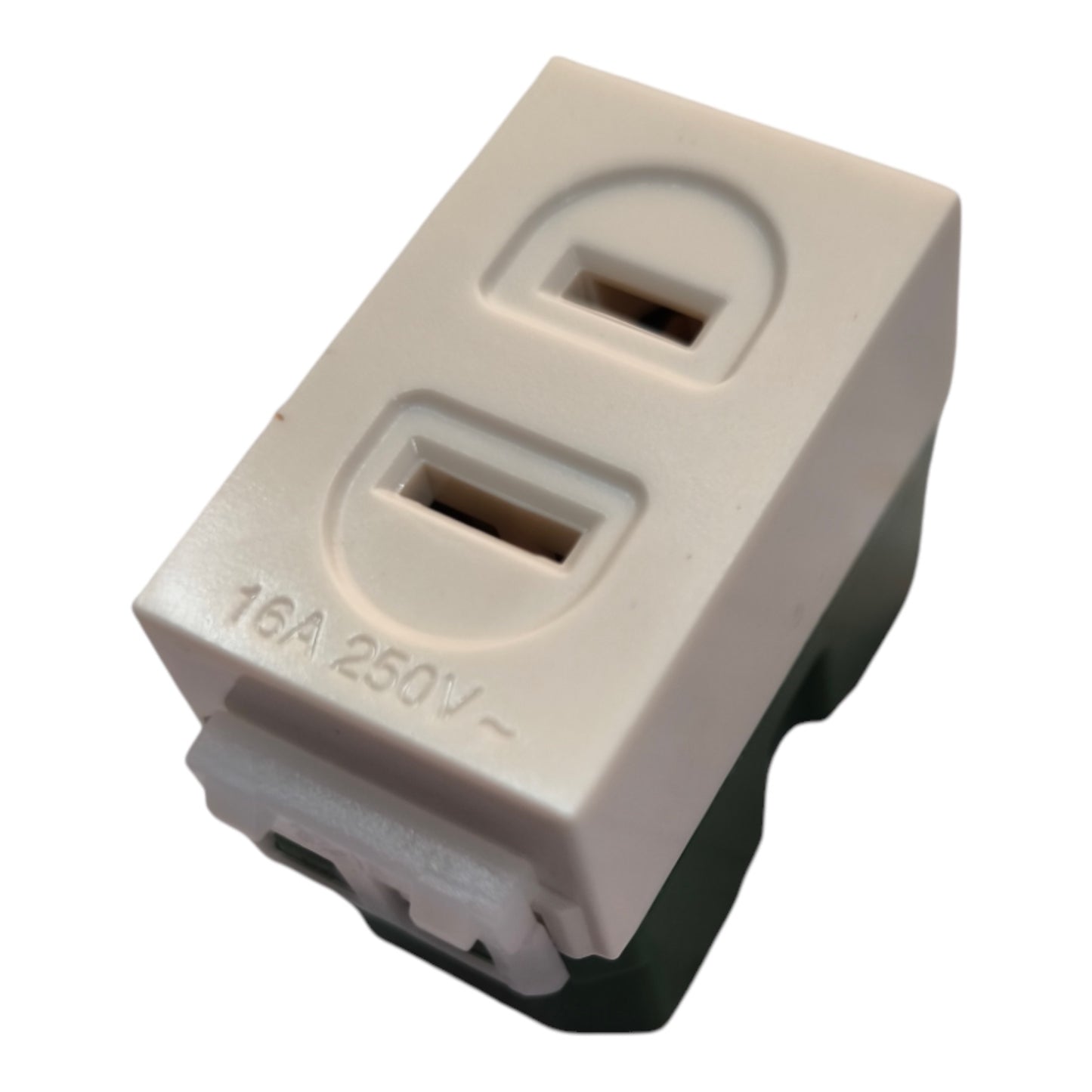 A single 16A 250V electrical outlet module with a beige plastic faceplate and a dark green base, shown on a plain white background.