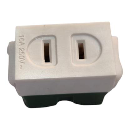 A white double outlet electrical socket adapter with '16A 250V ~' printed on the side, shown against a plain white background.