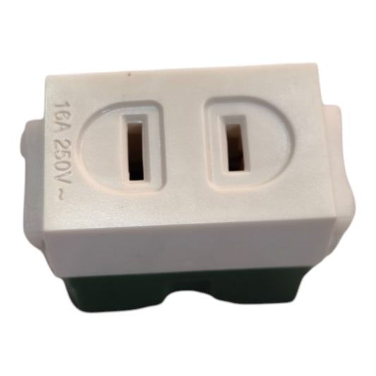 A white double outlet electrical socket adapter with '16A 250V ~' printed on the side, shown against a plain white background.