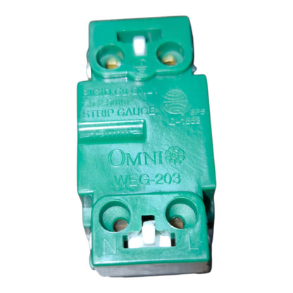 A green Omni WEG-203 strip gauge electrical component with terminal holes and gold-colored screw contacts, shown on a plain white background.