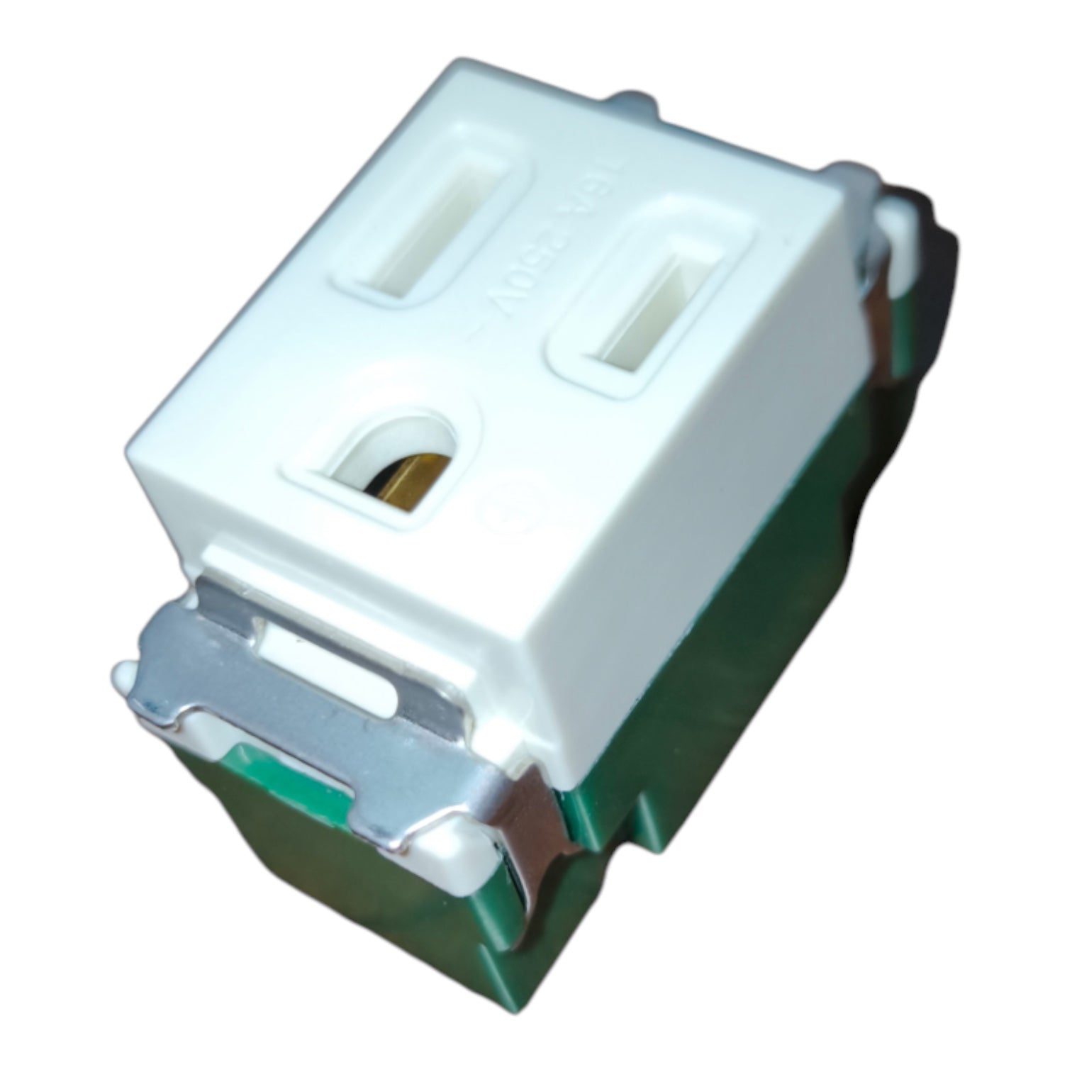 A single electrical outlet component with a white top housing two rectangular outlet slots and a green base with silver metal contacts, shown on a plain white background.