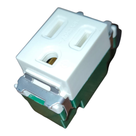 A single electrical outlet component with a white top housing two rectangular outlet slots and a green base with silver metal contacts, shown on a plain white background.